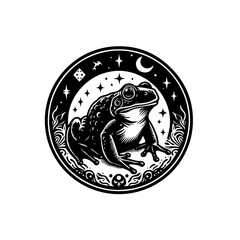 Mystical Frog Under Crescent Moon and Stars.