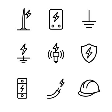 Lightning Protection Icons. Outline icon set of lightning protection: lightning rod, surge protector, grounding, lightning