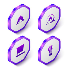 Set Isometric Circus tent, Cylinder hat and Hot air balloon icon. Purple hexagon button. Vector