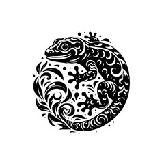 Ornate Black Gecko with Swirling Floral Design.