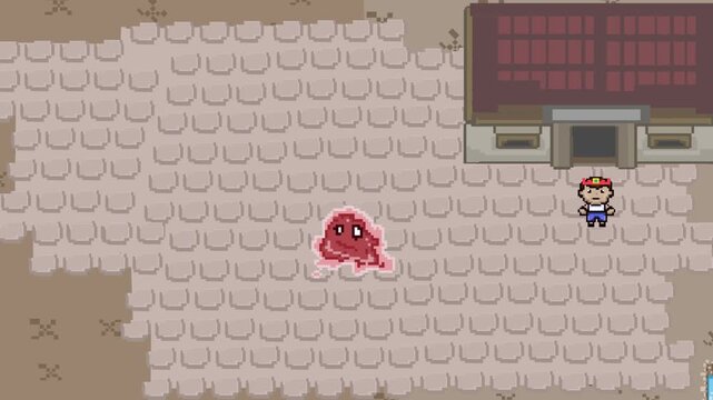 Animation of an old 16-bit game of a moving village map with monsters and characters. Pixel art, game, video.