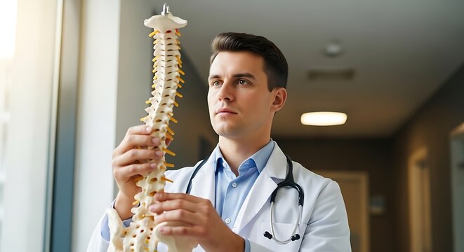 A young male doctor in a white coat holds and examines a model of a human spine near a window, looking thoughtfully to the side. - Powered by Adobe