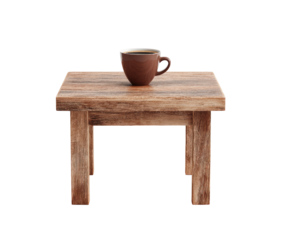 Simple wooden table with coffee cup. A small, light brown wooden table sits centered against a black background. A medium-brown coffee cup, filled with a dark liquid, rests on the table's surface