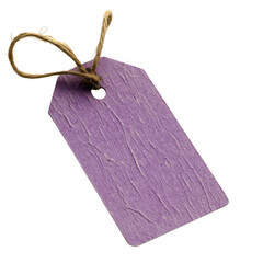 Single textured purple paper tag with string tied in a loop isolated on transparent background