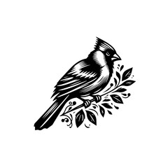 Stylized Black and White Cardinal Bird Perched on Branch.