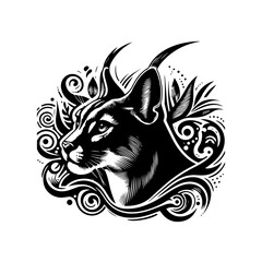 Stylized Black and White Caracal Head Illustration.