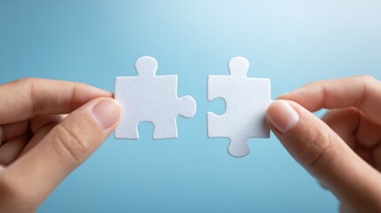 Hands Holding Two White Puzzle Pieces Against a Soft Blue Background with Symbolism of Connection, Unity, Teamwork, and Problem Solving