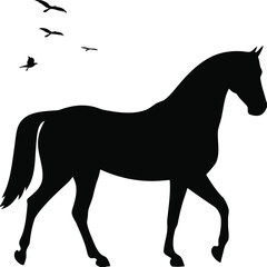 A simple black silhouette vector illustration of a wild stallion with a flowing mane and tail