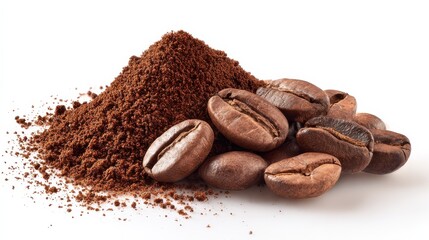 Close-Up View of Freshly Ground Coffee Powder Next to Whole Coffee Beans on a White Background for Culinary and Beverage Themes
