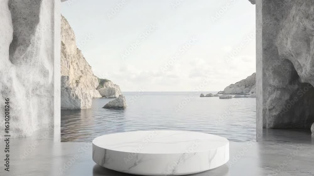 Poster serene coastal view through modern archway with marble display table and tranquil ocean scene 4k vid