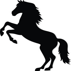 A powerful black horse silhouette with a flowing mane is depicted in a vector illustration
