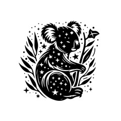 Obraz premium Stylized Black and White Koala with Stars and Leaves.