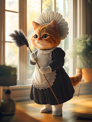 A cute cat in maid dressing cleaning floor with duster