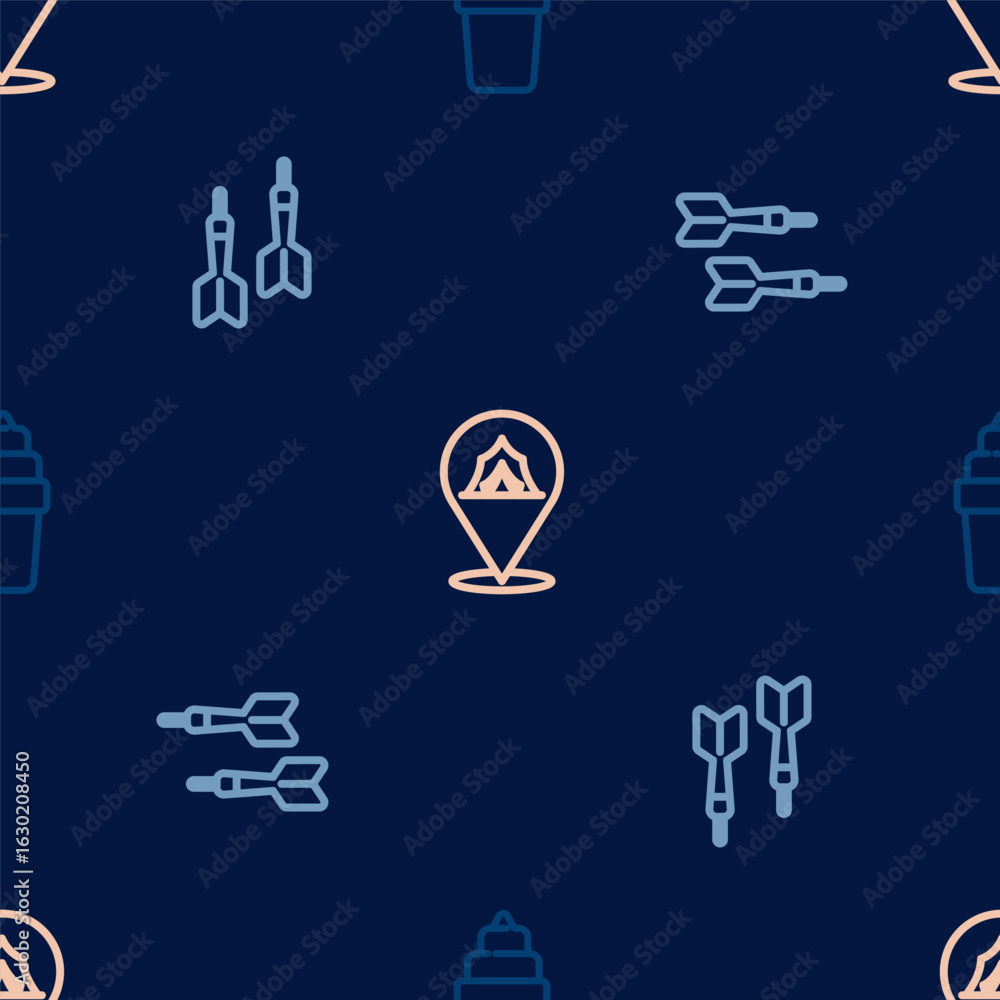 Poster set line ice cream in waffle, dart arrow and circus tent on seamless pattern. vector