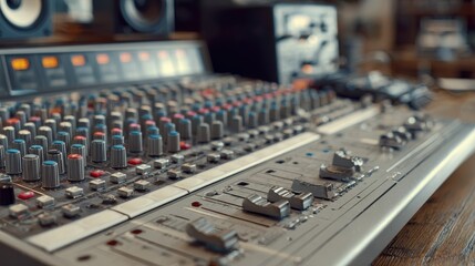 Vintage Audio Mixing Console with Colorful Knobs and Faders in a Recording Studio Setting, Capturing the Essence of Music Production and Sound Engineering