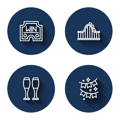Set line Casino win, Roller coaster, Bowling pin and Carnival garland with flags with long shadow. Blue circle button. Vector