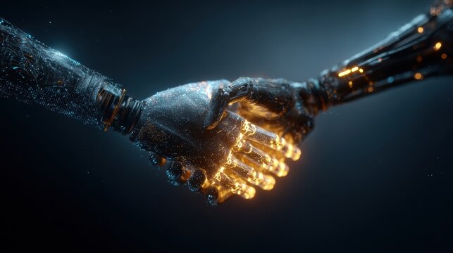 Close-up of a futuristic robotic and human hand shaking in a digital environment showcasing technology and innovation in artificial ligence interaction