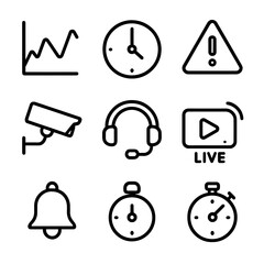 Live Monitoring Icons. Outline icon set of live monitoring: graph, clock, alert notification, radar, camera, headset, live