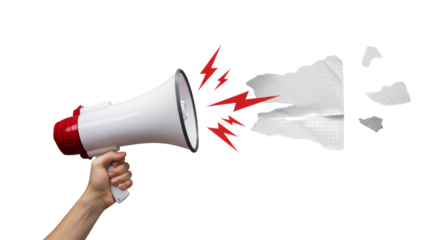 Hand Holding Megaphone with Exploding Paper Fragments on Black Background