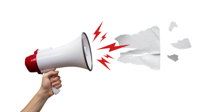 Hand Holding Megaphone with Exploding Paper Fragments on Black Background