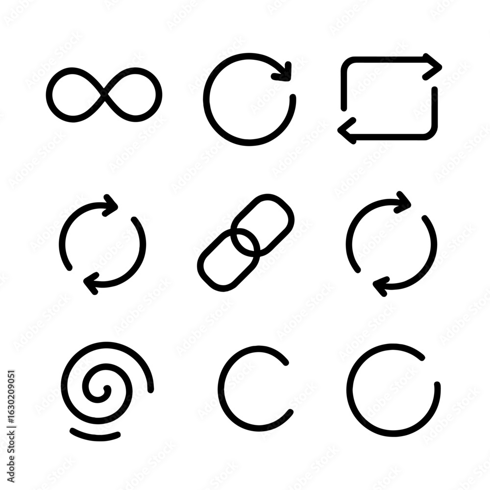 Poster Loop Icon Set. Outline icon set of loop concepts: infinity symbol, circular arrow, repeat button, refresh icon, cycle arrows,