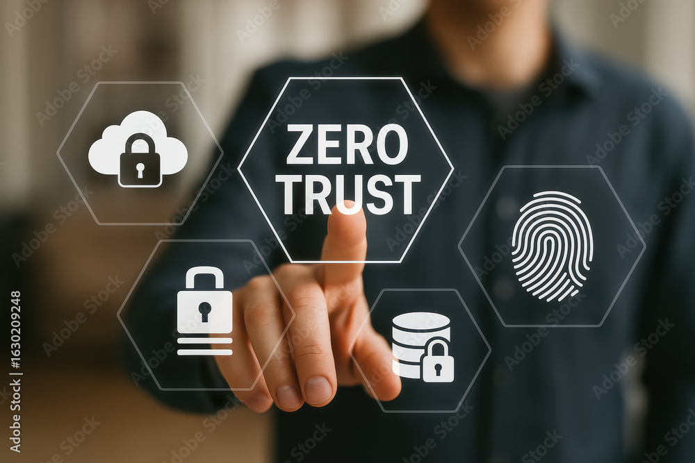Aufkleber zero trust security protection and data ensure privacy and network safety in digital cybersecurity e