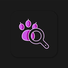 Filled outline Paw search icon isolated on black background. Magnifying glass with animal footprints. Flat filled outline style with shadow. Vector