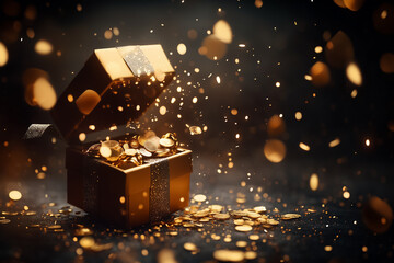 Gold gift box and falling gold coins on dark background.