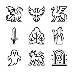 Obraz premium Lost Kingdom Icons. Outline icon set of lost kingdom myths and legends: dragon, phoenix, griffin, magical sword, enchanted forest,