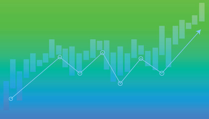 financial chart illustrating a strong upward trend. The image features a candlestick or bar chart in the background with a volatile line graph overlaid, tracking key highs and lows.