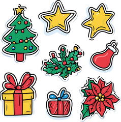 A vector illustration set of Christmas and New Year holiday celebration icons with festive decorations, gifts, bows, and holly