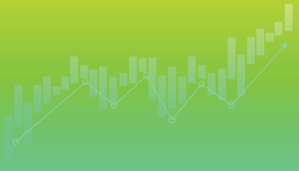 financial chart illustrating a strong upward trend. The image features a candlestick or bar chart in the background with a volatile line graph overlaid, tracking key highs and lows.