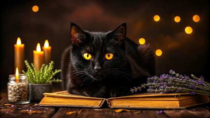 Black cat with yellow eyes resting on books near candles and herbs

