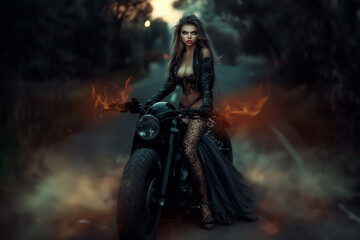 Fototapeta premium A beautiful woman biker in leather clothing posing on a motorcycle in flames on a night road.