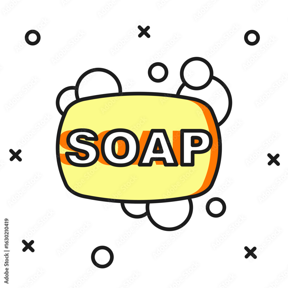 Poster filled outline bar of soap icon isolated on white background. soap bar with bubbles. flat filled out