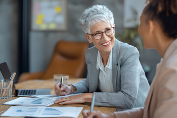 Elderly Caucasian business woman smiling warmly as she mentors a younger