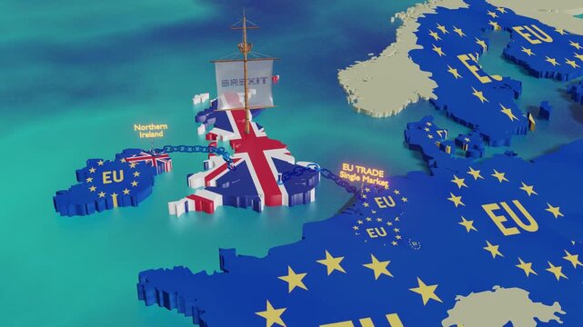 Brexit - 3D illustration animation zoom - UK sailing away but constrained by chains linked to Northern Ireland and European Union single market 