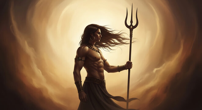 Mythic warrior, holding trident, against celestial background, long hair flowing, spiritual
