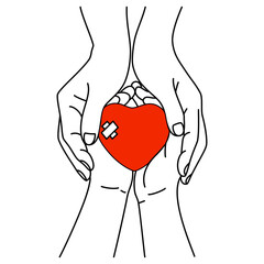 Red heart in adult and children hands , health care, organ donation, family life insurance, world heart day,brain stroke,World Heart Day concept ,Vector line hand drawning illustration 