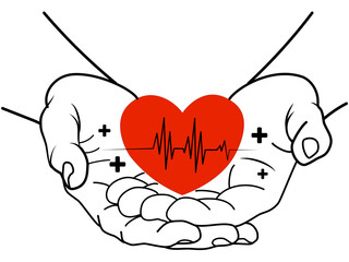 Doctor holding red heart ,World Heart Day concept,Good health and insurance concept, health insurance concept,Human hand holding red heart,Vector line hand drawning 