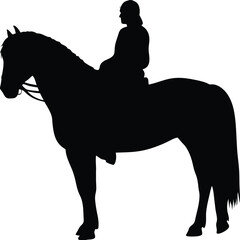 Vector silhouette illustration of a black horse and rider galloping with an isolated white background
