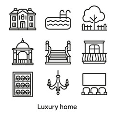 Fototapeta premium Luxury and Mystical Icons. Outline icon set of luxury homes: mansion, swimming pool, garden, gazebo, grand staircase, chandelier,