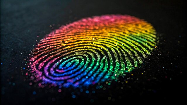 Colorful rainbow fingerprint made with vibrant powder on dark background

