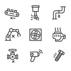 Machinery Malfunction Icons. Outline icon set of no control in machinery: broken conveyor, stuck piston, leaking pipe, jammed