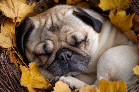 Cute pug sleeping in autumn leaves adorable dog fall season pet photography background image - Powered by Adobe