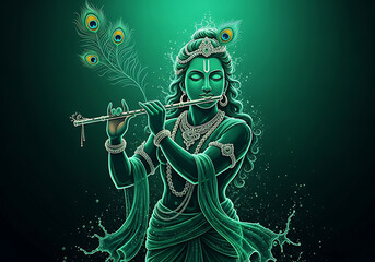 Green Lord Krishna playing flute with splashing water Keywords: lord krishna,hindu god,indian