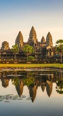 Fototapeta premium Majestic reflection of ancient temple complex at sunrise.