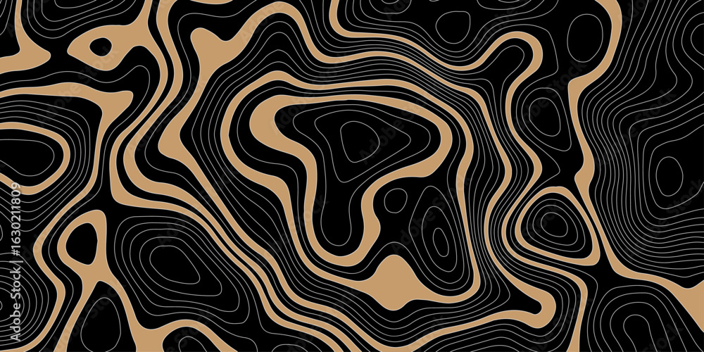 Poster abstract topographic map on a black background with beige areas defined by white contour lines showi
