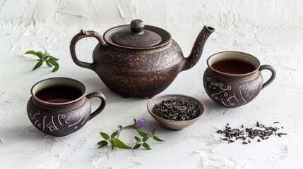 Rustic ceramic teapot with matching tea cups.