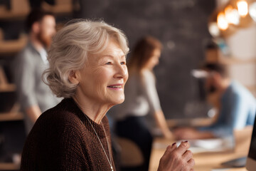 Elderly Caucasian woman reminiscing about career highlights, chatting with